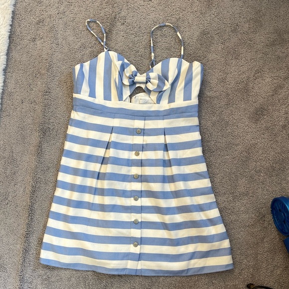 SOLD Lovers + Friends Ocean Waves blue white striped dress with bow tie front - Picture 3 of 9